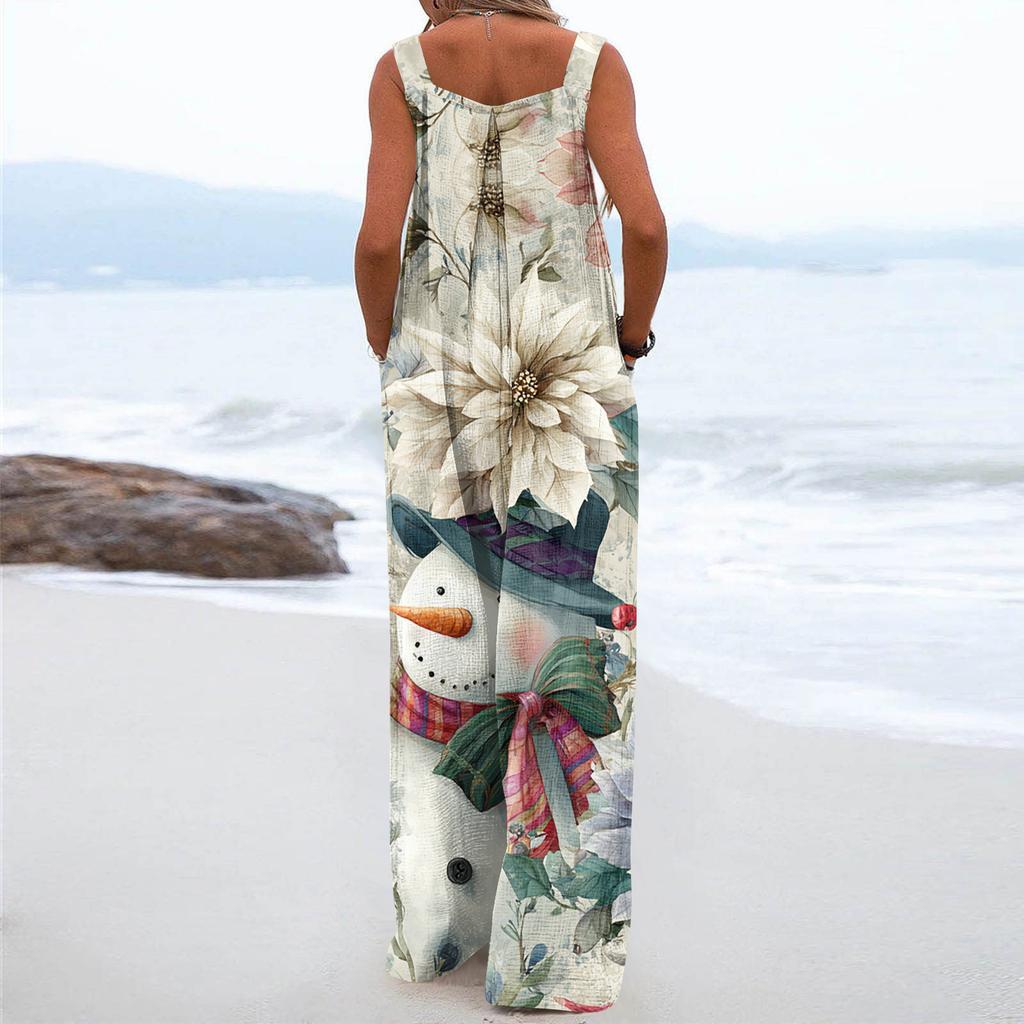 Damen Weihnachten Print Einfarbig Weites Bein Trägerlos Tanktasche Lässiger Einteiler