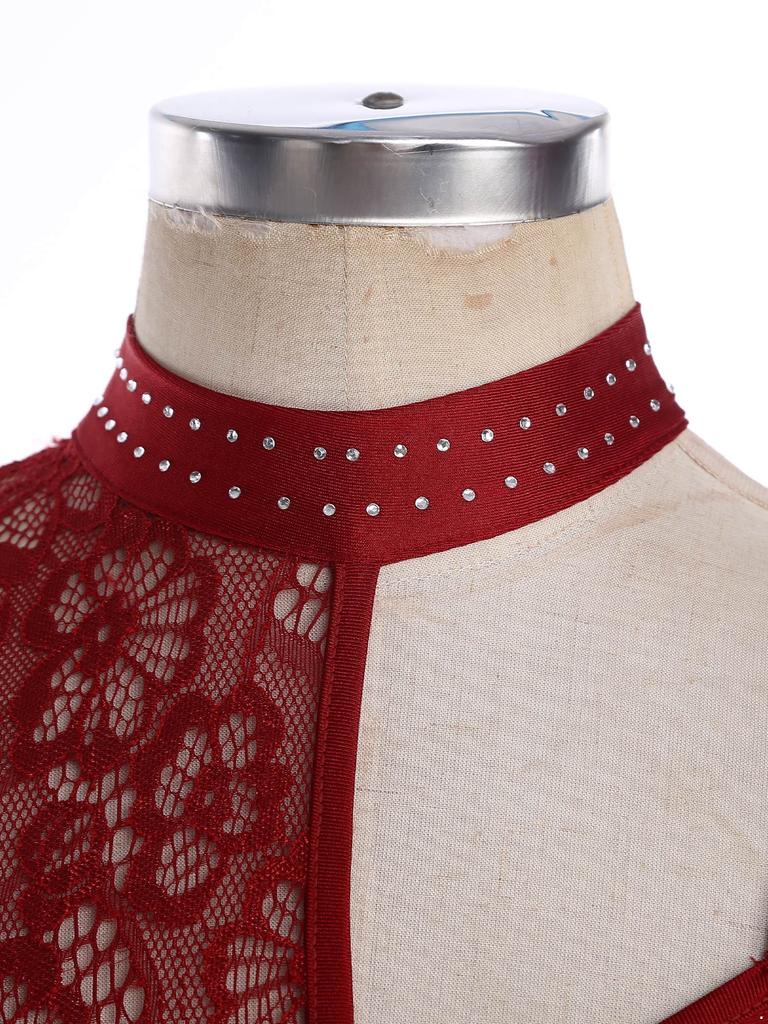 XS-XXL Women's Dance Leotard Floral Lace Rhinestones Irregular Hem Openable Crotch Performance Wear