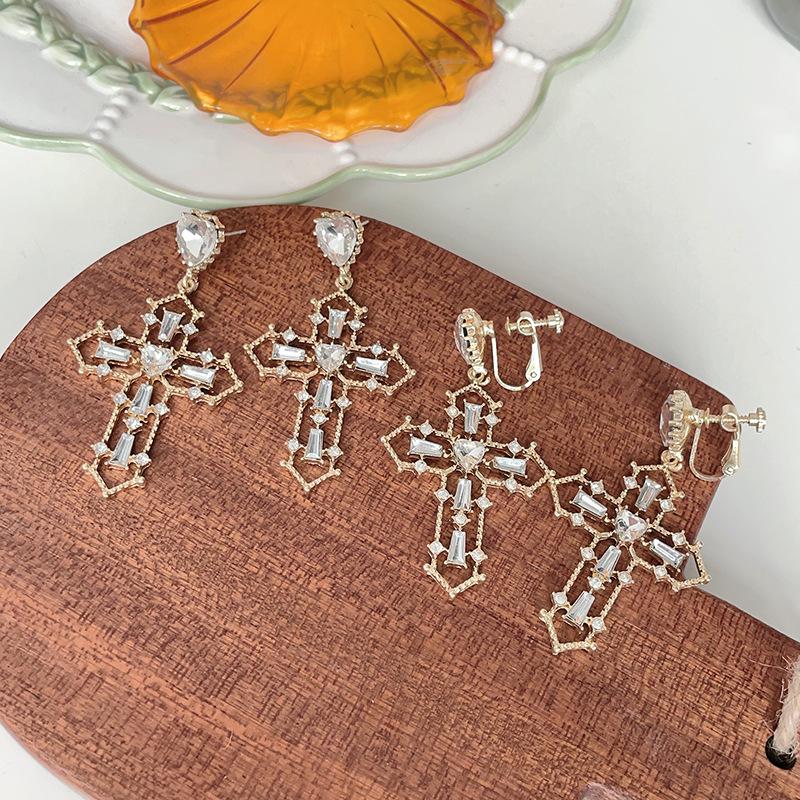 S925 Silver Cross Hollow Earrings with Inlaid Diamonds