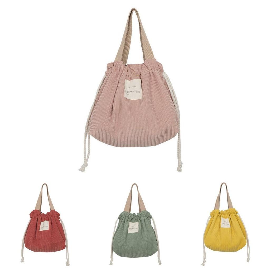 Versatile And Chic Drawstring Corduroy Lunch Tote Bag For Everyday Use In Green