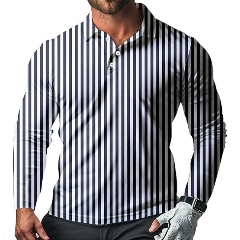 

Повседневная мужская рубашка поло с длинным рукавом в полоску, из быстросохнущей ткани с воротником и бусинами, рубашка поло для гольфа для мужчин S