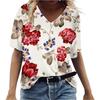 Summer V-neck 3D Feather Flower Printed Top Fashionable Casual Short Sleeved Women's T-shirts