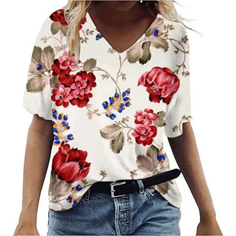 Summer V-neck 3D Feather Flower Printed Top Fashionable Casual Short Sleeved Women's T-shirts