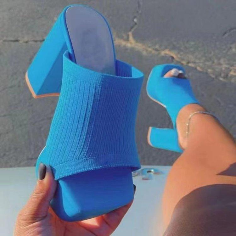 Platform Thick High Heels Women's Slippers Square Heel Solid Color Knitted Beach Shoes Casual Fish Mouth Chunky Outdoor Sandal