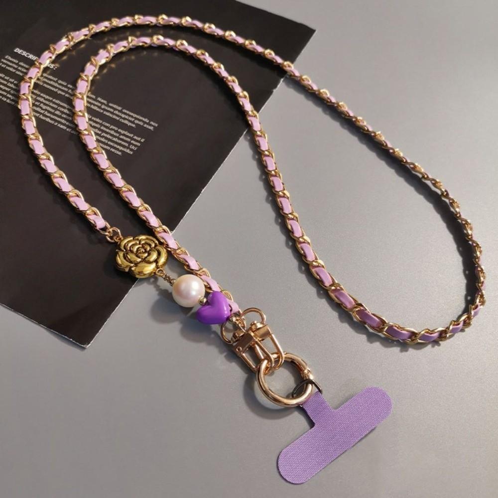 Pearl Mobile Phone Diagonal Lanyard Camellia Metal Chain Crossbody Phone Rope Long Anti Lost Mobile Phone Strap Lanyard Patch