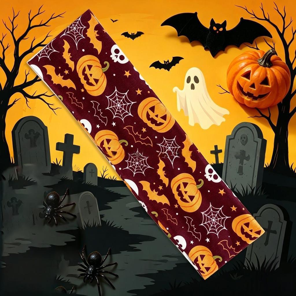 Halloween Themed Headband for Women Stretchy Party Headwear Ghost Pumpkin Spider Web Bat Print Fashion Hair Accessory