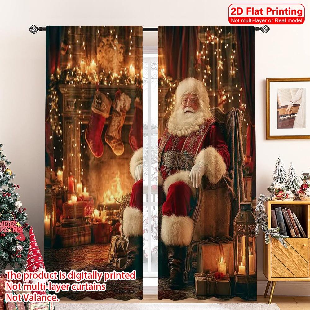 

Set Of 2 Flat Printing Merry Christmas Window Curtains Santa Claus Fireplace Polyester Without Electricity Party Curtain Made W100*H70(CM)-Grommet top&1PCS
