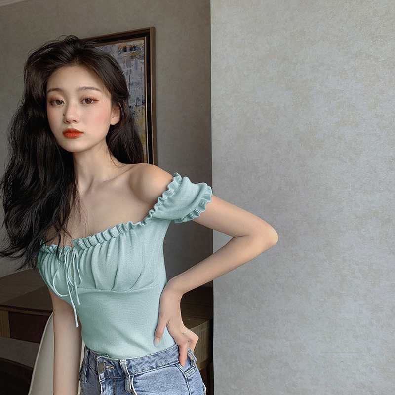 

Сексуальный топ с открытыми плечами для женщин, летний стиль, дизайнерский смысл, нишевый, облегающий, плиссированный, французский, трикотажный топ с короткими рукавами для женщин L зелёный