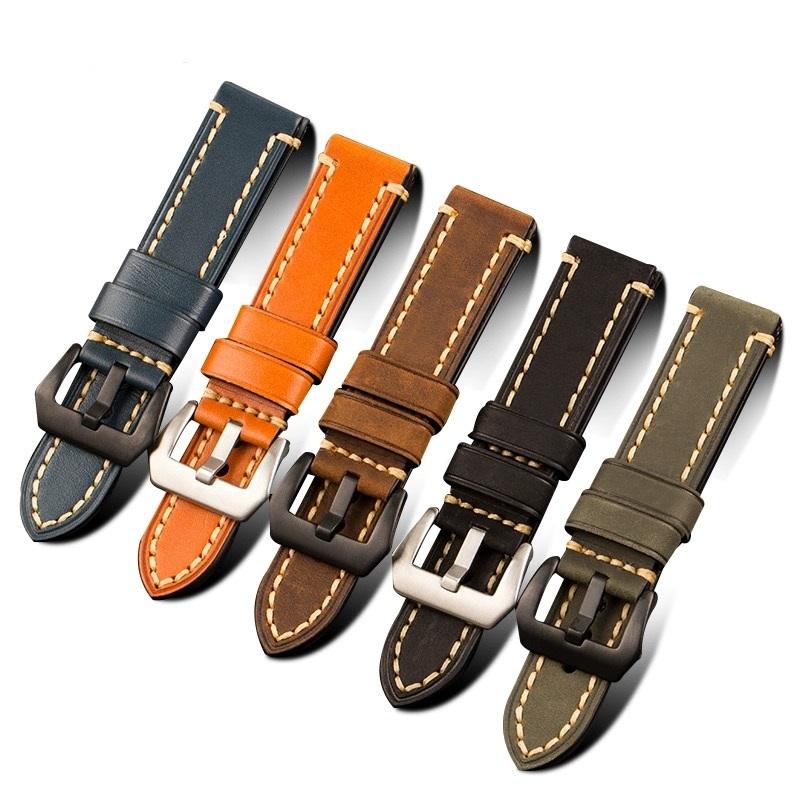 Upscale 20 22 24mm Genuine Leather Top Layer Cowhide Pin Buckle Smart Watch Strap Watch Band Watchband