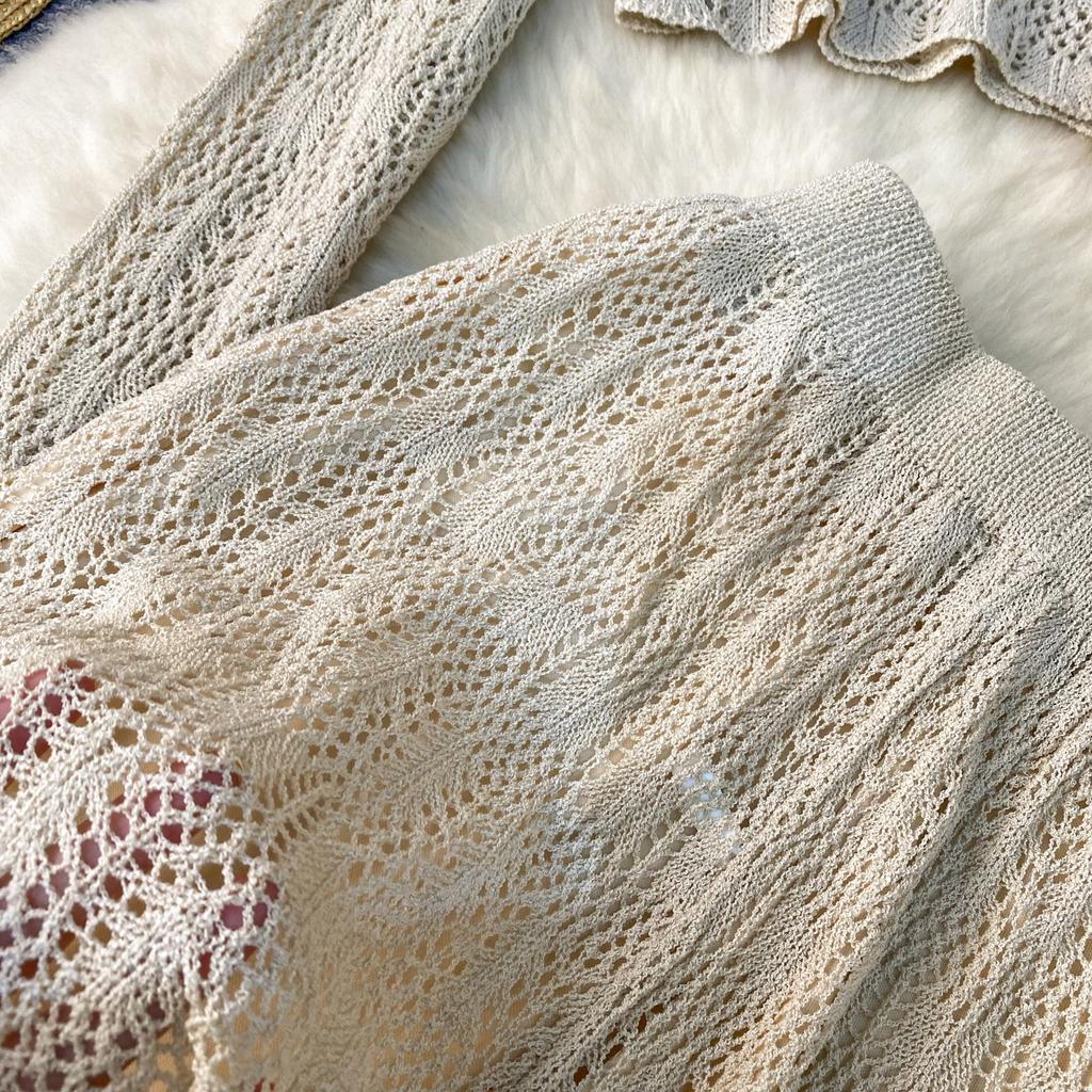 American Senior Simple Style Two Pieces Sets O Neck Hollow Top Elastic Waist Fit Chic Slim Shorts Women Solid Knitted Casual Suits