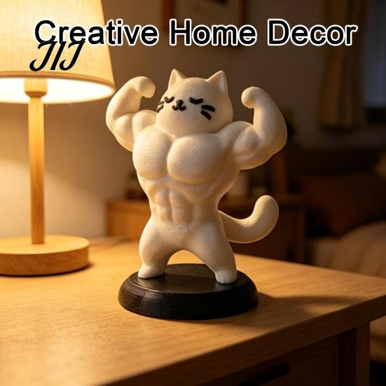 Unique Birthday Present 3D Printed Muscle Cat Figurine, Funny Strong Animal Desk Ornament for Creative Home Decor Office, Sculpture with Base,