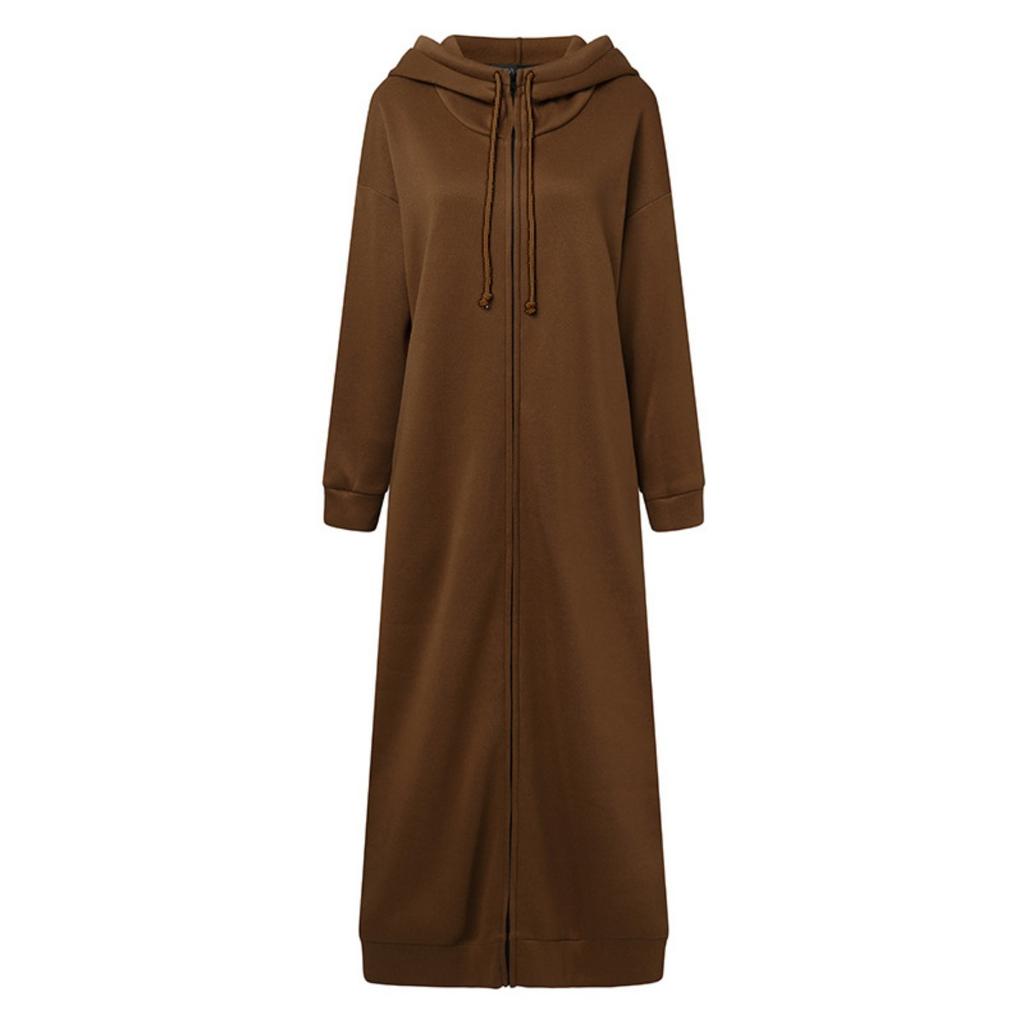 Damen Plus Size Einfarbige Kapuzen-Reißverschluss-Langarm-Sweatshirt-Kleid mit Fleecefutter Lässige Langarm-Sportjacke