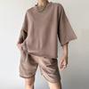 European and American New Casual Women's Suit Solid Color Half-sleeved Round Neck Loose Short-sleeved Tether Shorts Two-piece Set