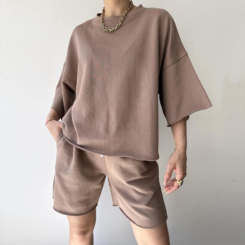 European and American New Casual Women's Suit Solid Color Half-sleeved Round Neck Loose Short-sleeved Tether Shorts Two-piece Set