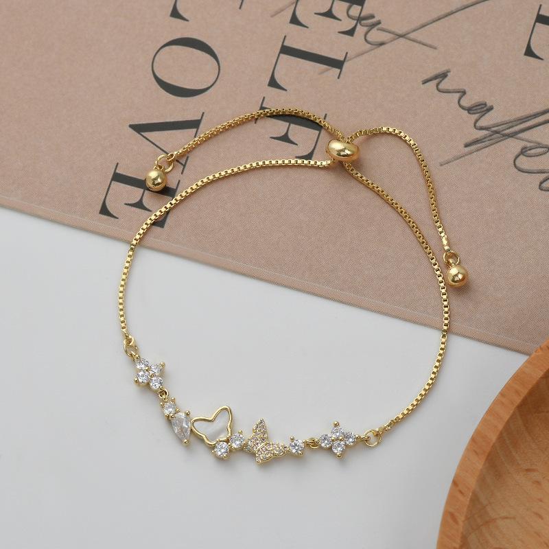 Elegant Gold-Plated Butterfly Bracelet with Micro-Paved Zirconia and Shell, Adjustable Pull-String Design for Women