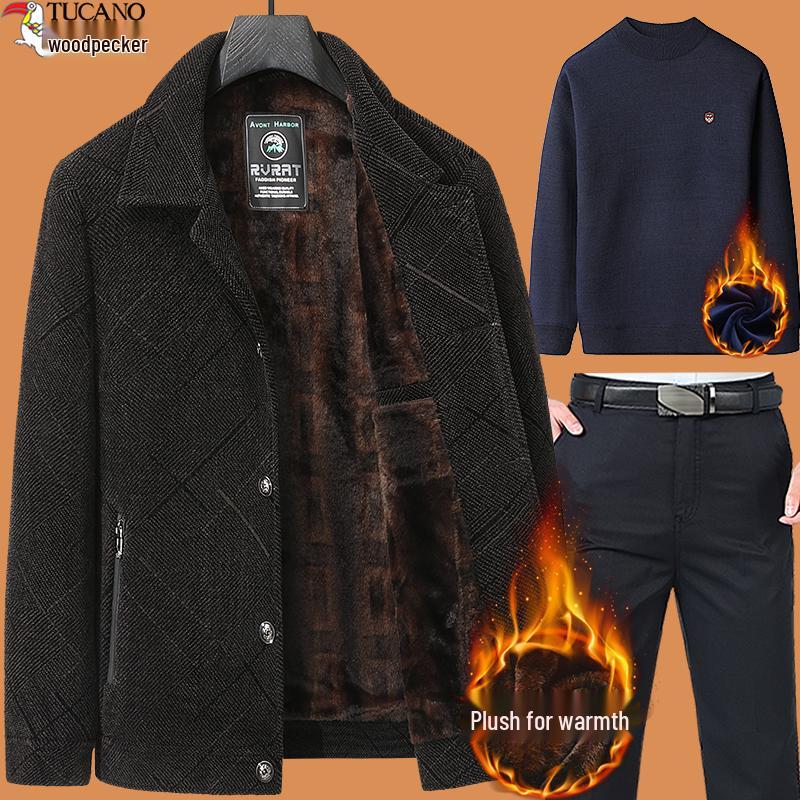 Woodpecker Dad Winter Coat Set: Warm Fleece-Lined Jacket for Middle-Aged and Elderly Men