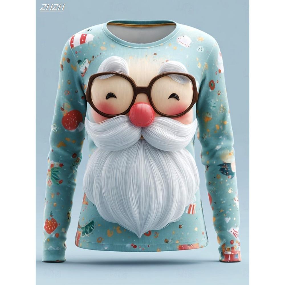 Women's Christmas Santa Long Sleeve T-Shirts, Festive Snowflake Print Top, Holiday Party Wear, Fall Winter Seasonal Style