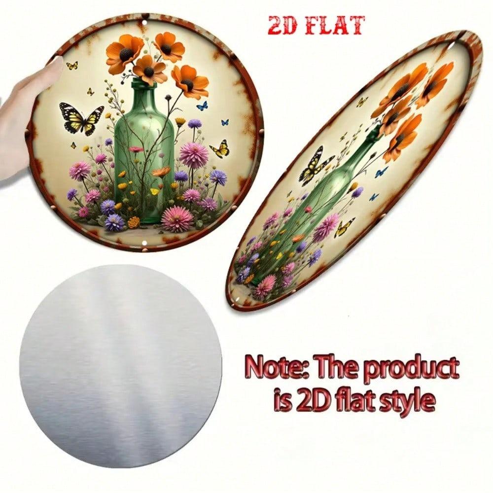 Metal Wall Art Vintage 2D Iris Flower Butterfly Round Plate 20cm for Garden