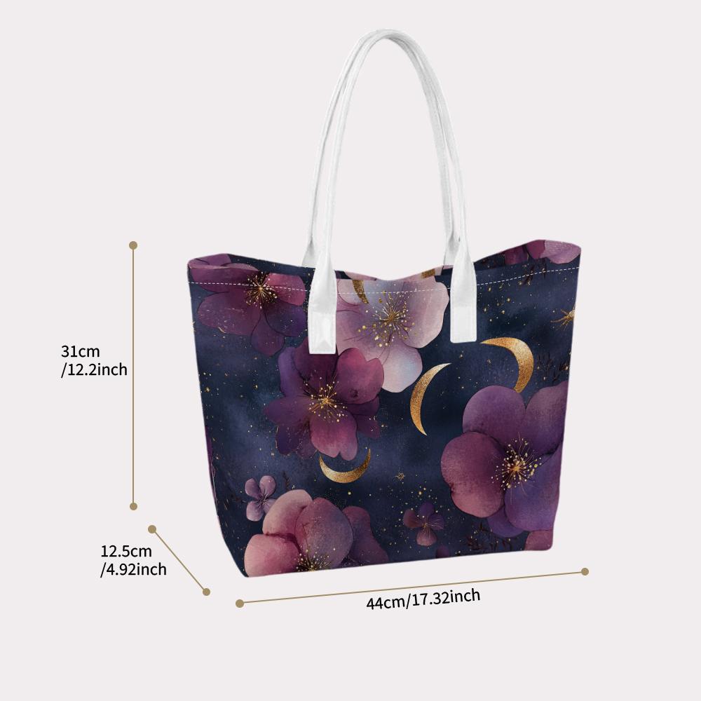 Purple Floral Moon Print Women Tote Bag Casual Shoulder Bag For Daily Use
