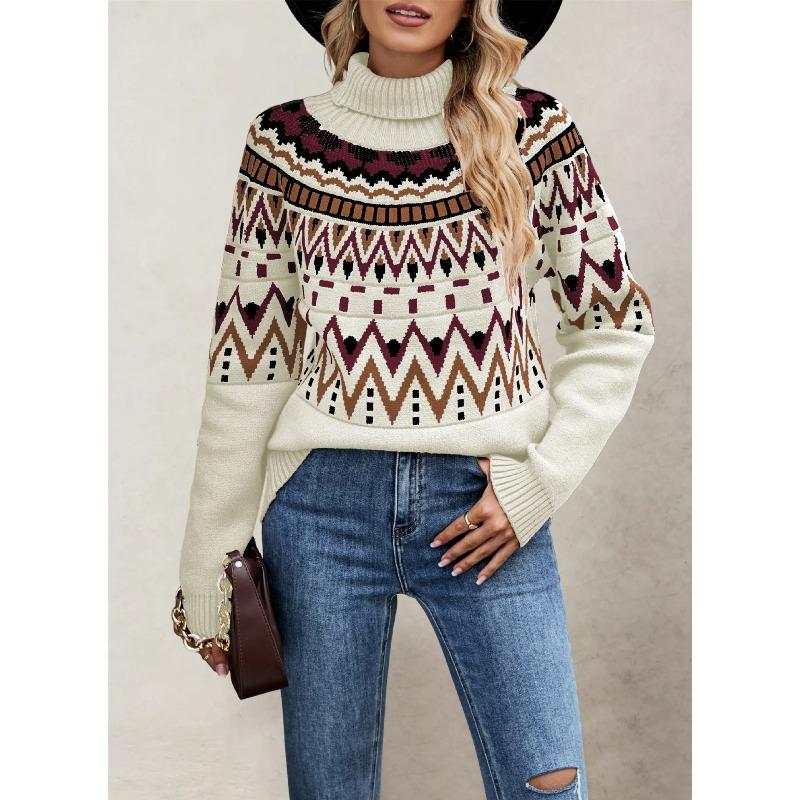 

Autumn Winter High Neck Loose Knit Sweaters Retro Striped Patchwork and Contrasting Colors Sweaters XL абрикосовый