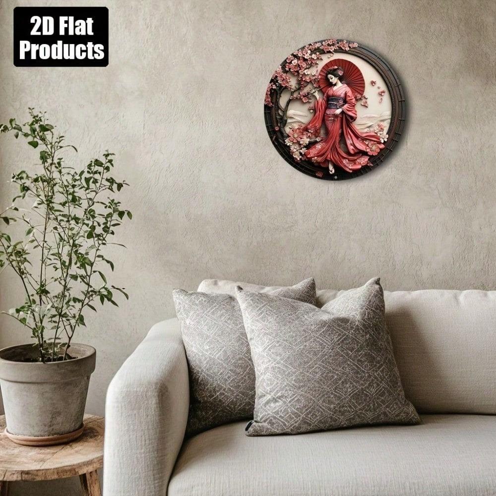 Japanese Kimono Cherry Blossom Geisha Round Aluminum Wall Art 8x8 Inch Metal Sign Home Office Decor Zen