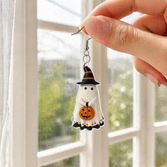 Ghost Pumpkin Earrings Cute Earrings, with Wizard Hat Decor, Antioxidant Metal Halloween Drop Lightweight Acrylic Pendant