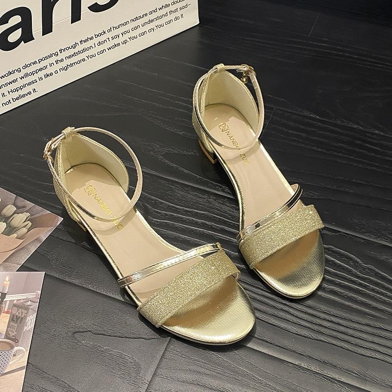 2025 Summer New Sandals Women's Fashion Student Bag Heel One-word Buckle Internet Celebrity Large Size Flat Sandals Women