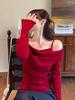 Women's Off-Shoulder Red Knitted Sweater, Fake Two-Piece, Slim-Fit, Long Sleeves, Autumn/Winter French Style.