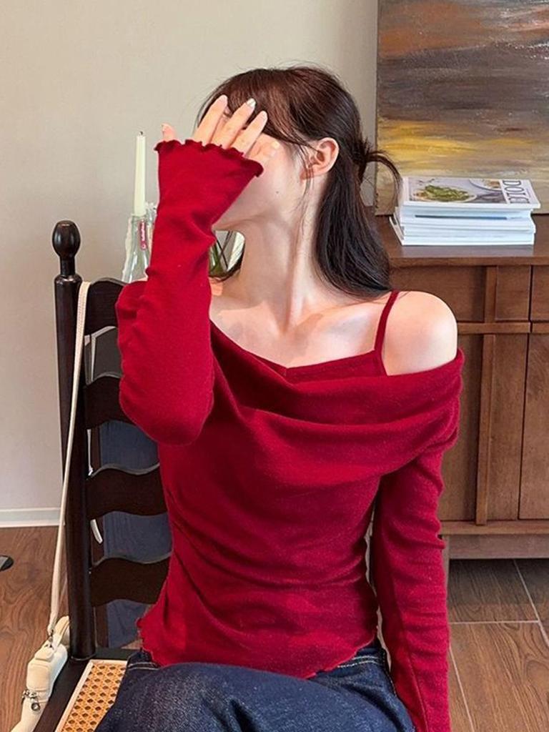 Women's Off-Shoulder Knit Sweater: Autumn/Winter Slim-Fit Pink Swing Neck