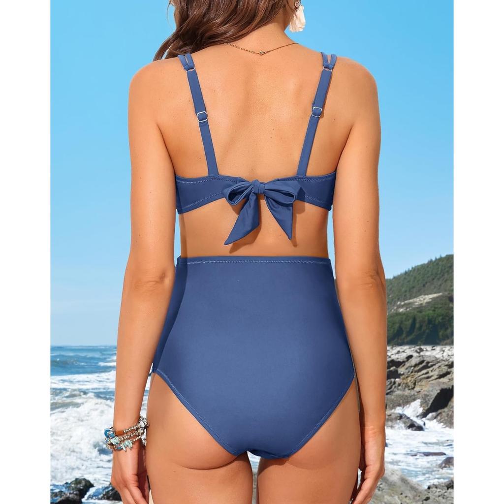 CHARMLEAKS Maternity Swimsuit Women Two Piece High Waist Bikini Scallop Trim Bathing Suit Pregnancy Swimwear