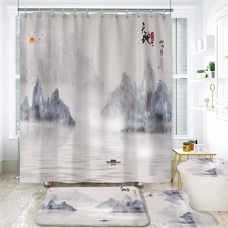 Landscape Ink Bamboo Painting Shower Curtains Chinese Style Bathroom Accessories Partition Waterproof Bath Curtains Rugs,Mat Set