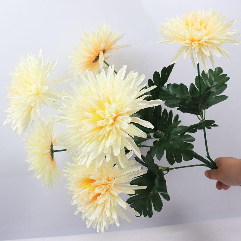 Simulated Flower With 7 Heads Of Flat Chrysanthemums, Decorated With Bundles Of Fake Flowers