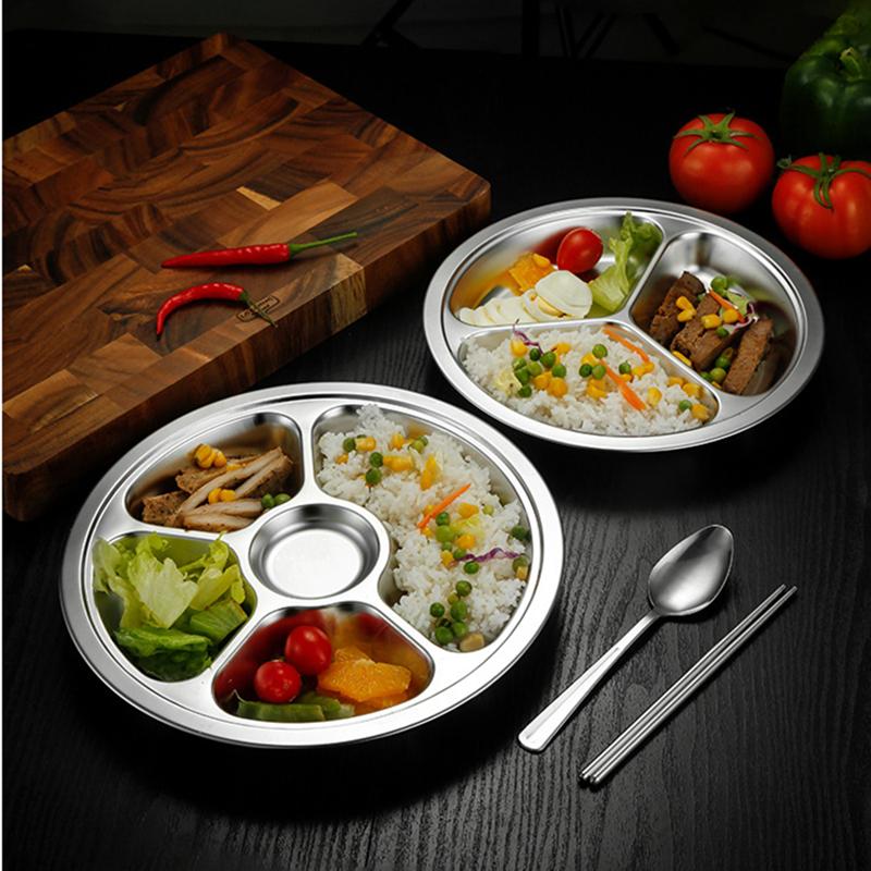 Stainless Steel Round Serving Tray Divided Food Dinner Plates Canteen Lunch Dishes Container Home Dinnerware