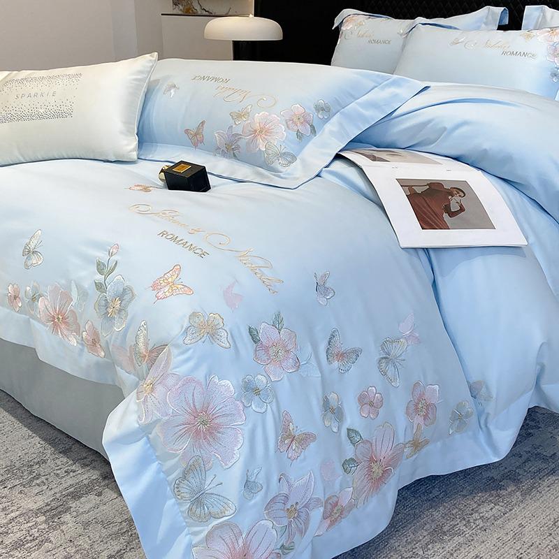 100% Cotton Long-Staple Flannel Embroidery 4-Piece Bedding Set - Mother & Baby Grade, All-Season