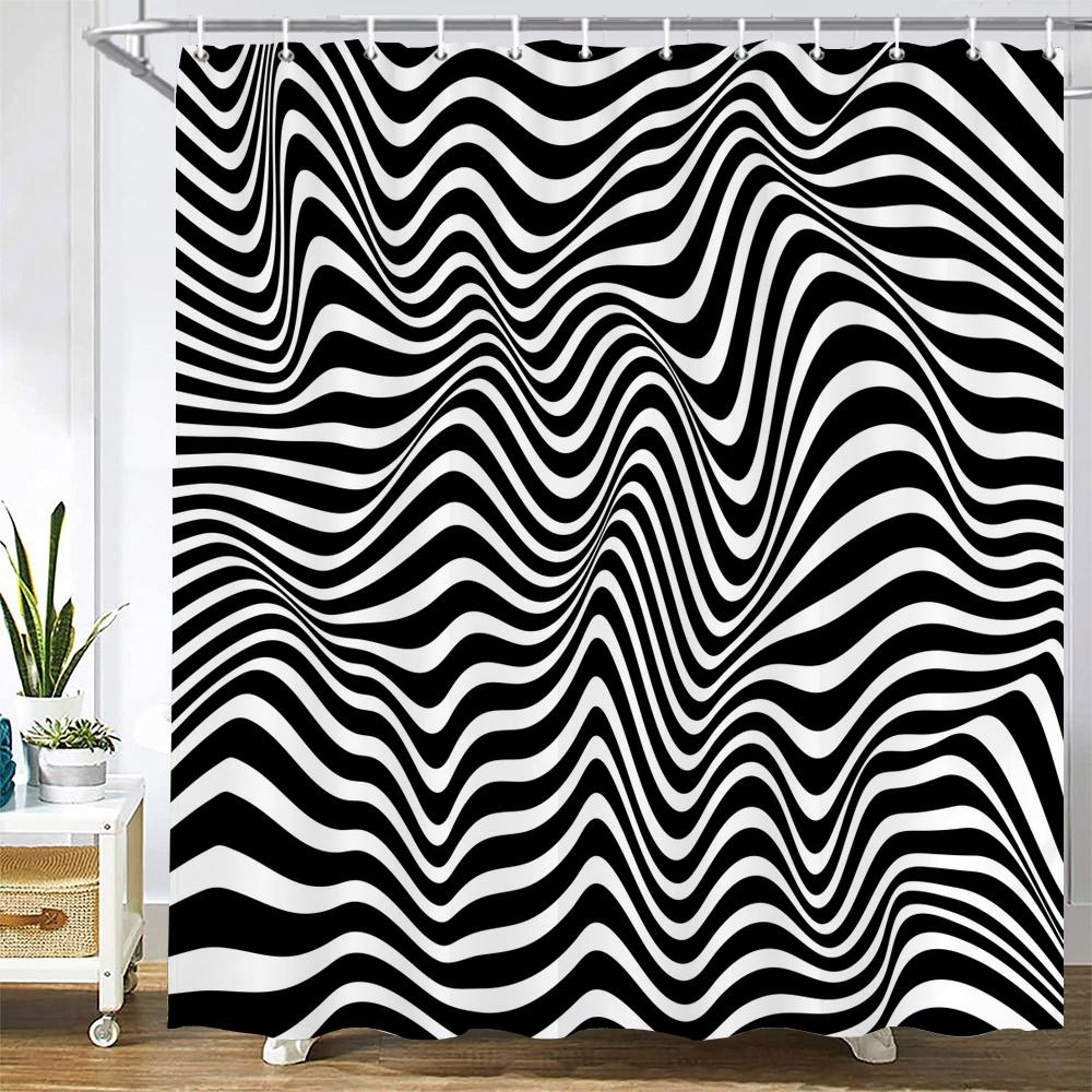 

Black And White Geometry Print Bath Curtain Simple Art Abstract Waterproof Shower Curtains For Bathroom With 12Pcs Plastic Hooks W60H190(CM)-1 Pcs