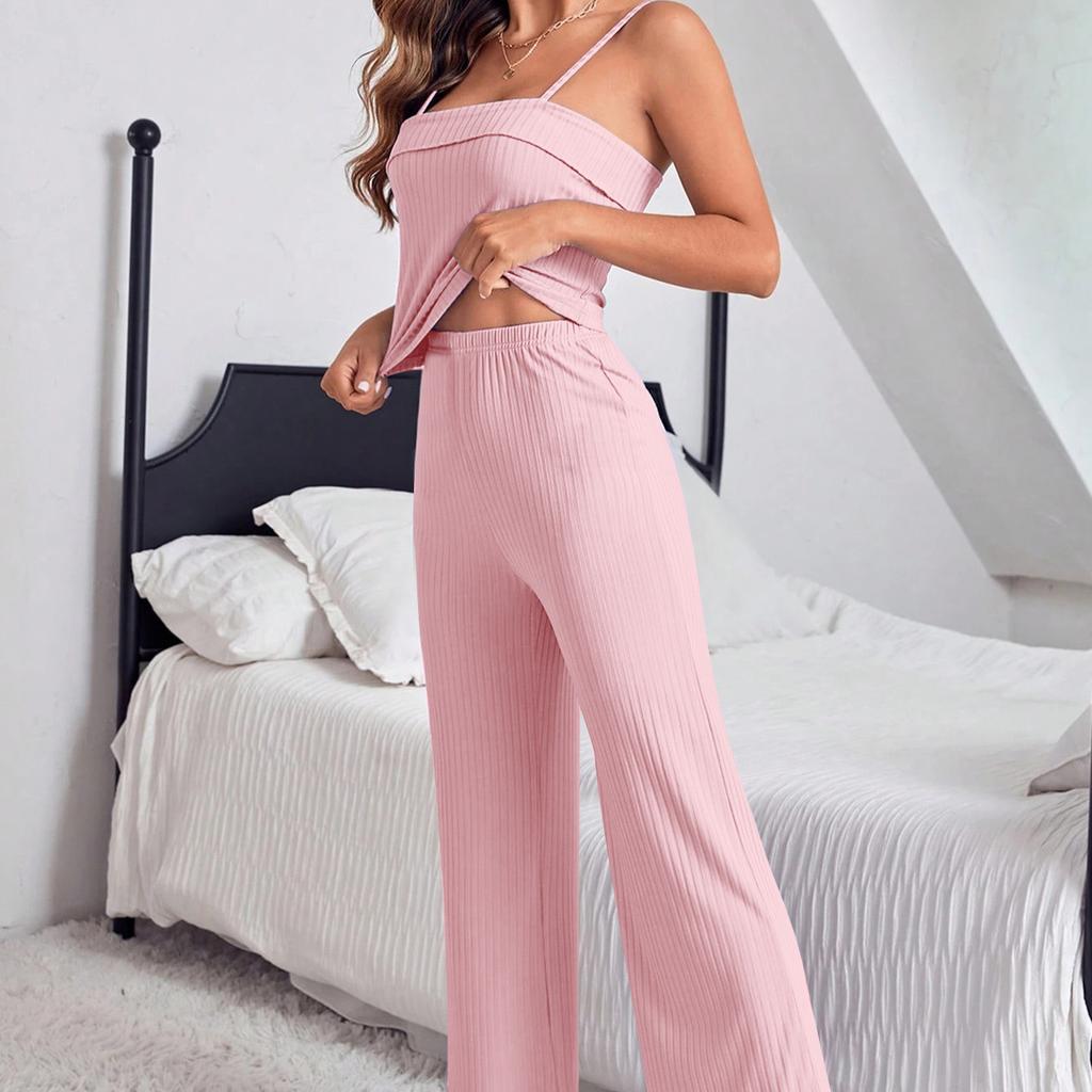 summer purple sling Pajamas Set Women pants and Sleeveless tops Sleepwear Set young Girls solid Loungewear Homewear Pyjamas