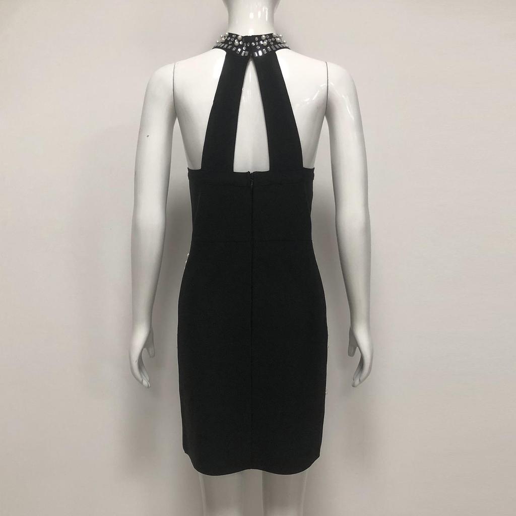 2025 Autumn/Winter European Fashion Pearl Rhinestone Halter Bandage Dress