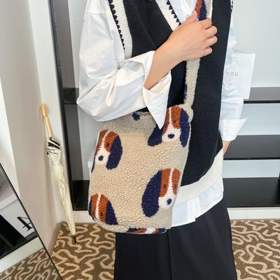 Autumn and Winter Ins New Bucket Bag, Imitation Lamb Wool Shoulder Bag, Love Leopard Print Polka Dot Pattern Plush Messenger Bag