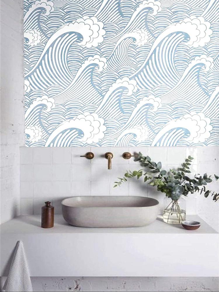 Peel And Stick Handpainting Seamless Blue White Waves Spray Self-Adhesive Prepasted Waterproof Wallpaper Wall Mural Home Decor