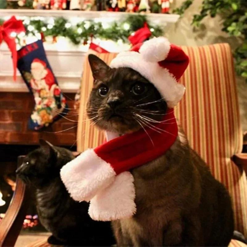 1-10PCS Pet Christmas Hat And Scarf Outfit Soft Costume Set For Cats And Small Dogs Holiday Party Dress Up Accessories