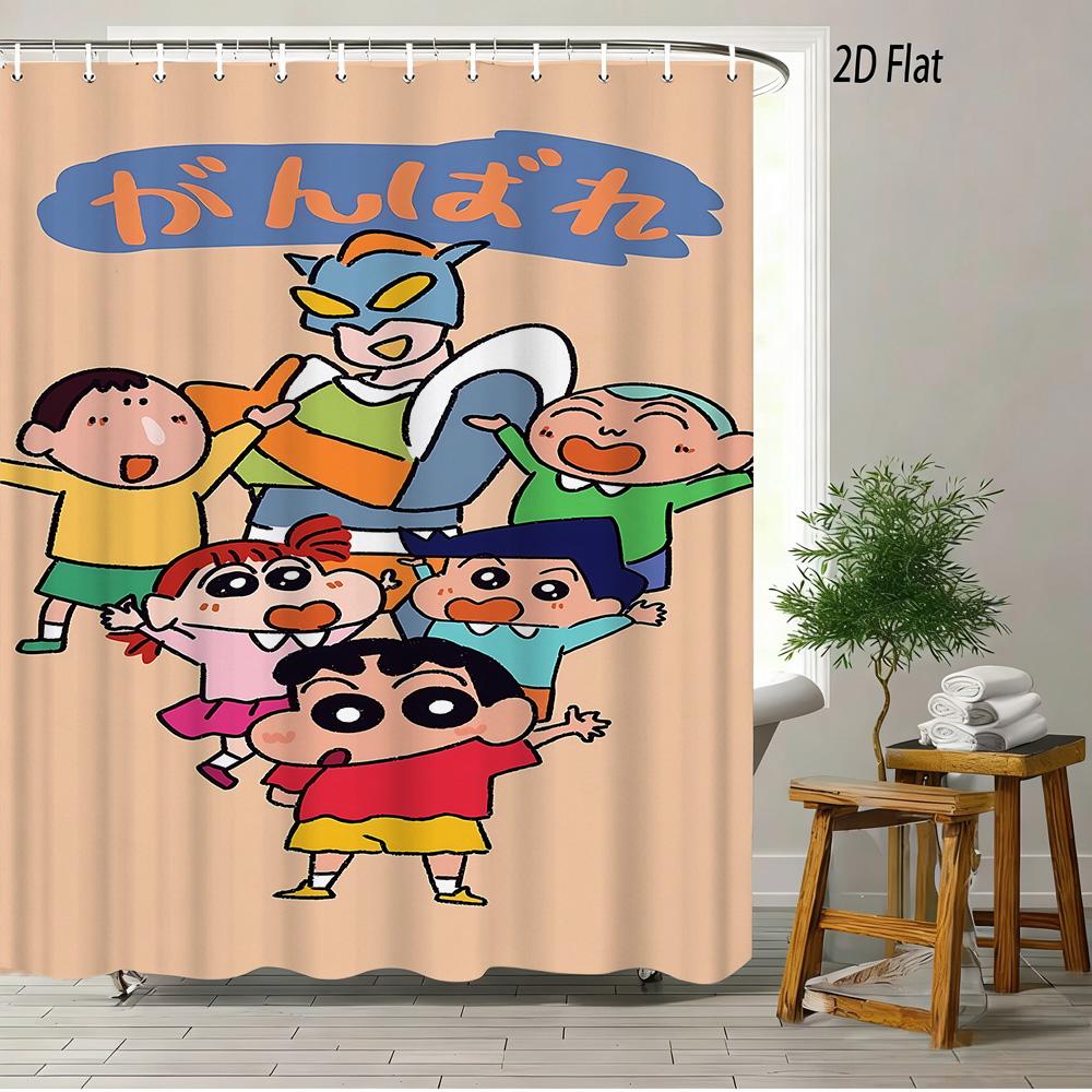 Crayon Shin-Chan Running & Cheering On Mountain Top 2D Print Waterproof Shower Curtain, Minimalist Blue Sky Bathroom Decor With