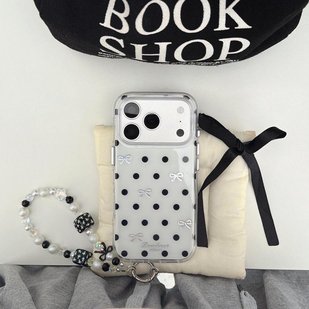 Simple Black and White Polka Dot Bow Phone Case for iPhone 17 Pro Max/16, Double Layer Design for Models 15/14.