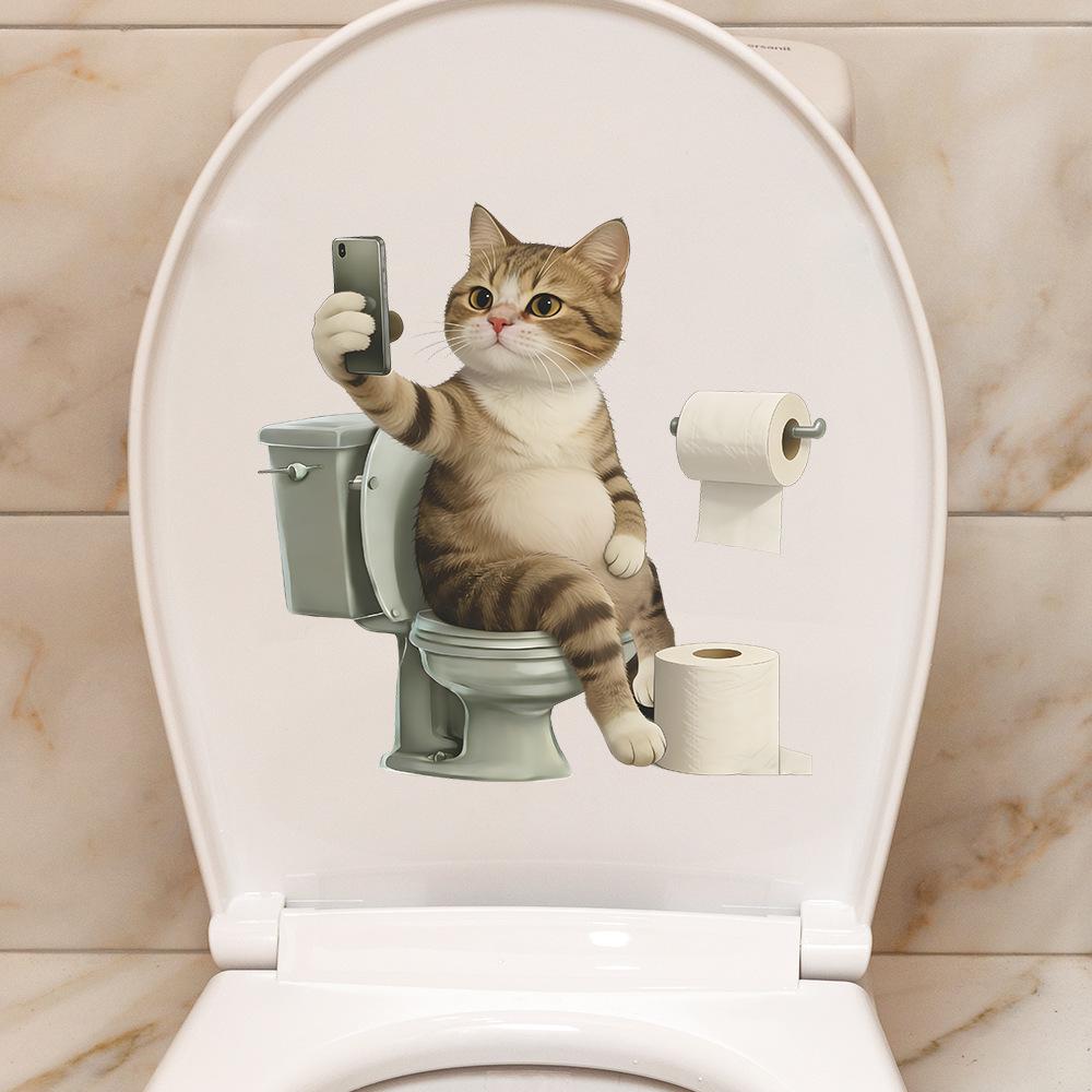 Funny Cat Playing Mobile Phone on Toilet Self Adhesive Wall Sticker Home Bathroom Decor