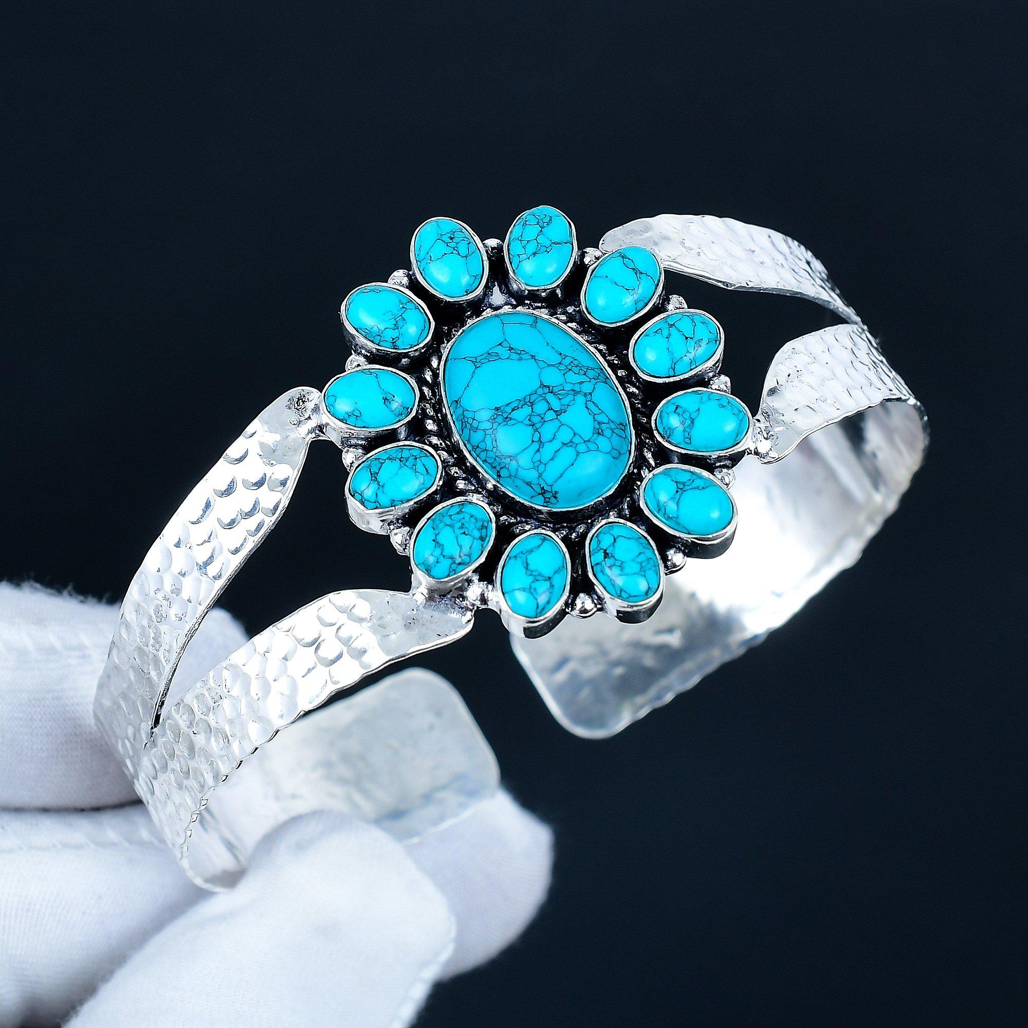 

Натуральный бирюзовый драгоценный камень Ручной работы Манжета-браслет из стерлингового серебра 925 пробы, Браслет в форме цветка из бирюзы для жены, Унисекс браслет, Подарок 7 синий