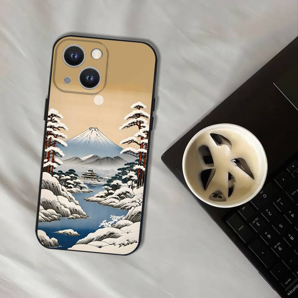 Japan Style Ukiyo-e Phone Case For iPhone 17,16,15,14,13,12,11,Pro,XS,Max,XR,Plus,E,SE4,Mini Black Soft Cover