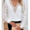 Fashion Long Sleeve V-neck Patchwork White Blouse Women Lace See Through Casual Shirts Women Tops Elegant Solid Vintage Shirt Female Clothing 26210
