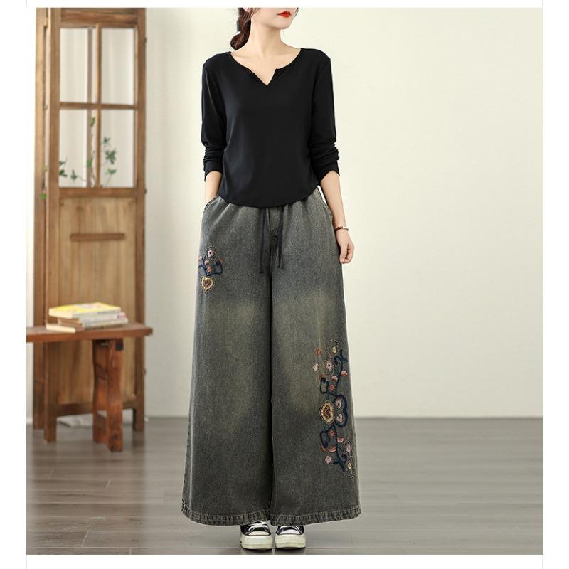 DIMANAF 2025 Plus Size Women Jeans New Long Pants Loose Denim Trousers Big Size Casual Embroidery Floral Autumn