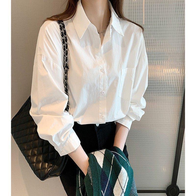 

100% Cotton Women s White Shirt - Spring & Autumn 2026, Casual Lazy Style, Loose Fit for Outer or Inner Wear L [Recommended 50-60 kg]