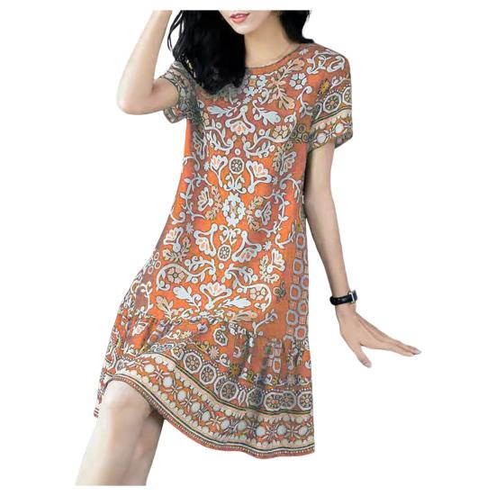 Sommerkleid für Damen, Rundhalsausschnitt, halbe Ärmel, Retro-Druck, A-Linie, großer Saum, knielang, locker, lässig, für den Alltag, Urlaub, Midikleid