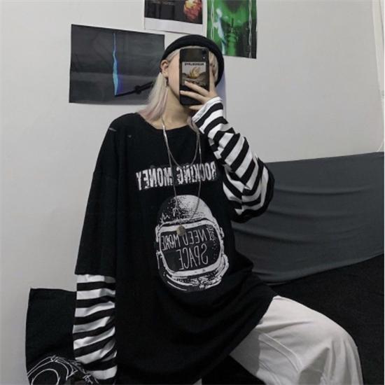 Maglietta Autunnale Casual Lettera Stampa O-collo Stripe Tees Creatività  Magliette Allentate Donna Manica Lunga Oversize Top Hip Hop Streetwear  acquista in modo economico — spedizione gratuita, recensioni reali con foto  — Joom